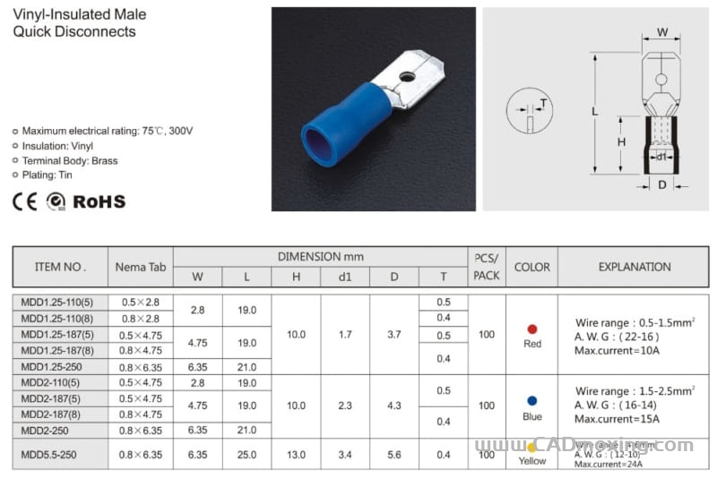 CAD模型网MDD1.25预绝缘插簧冷压对插接线端子公头三维模型